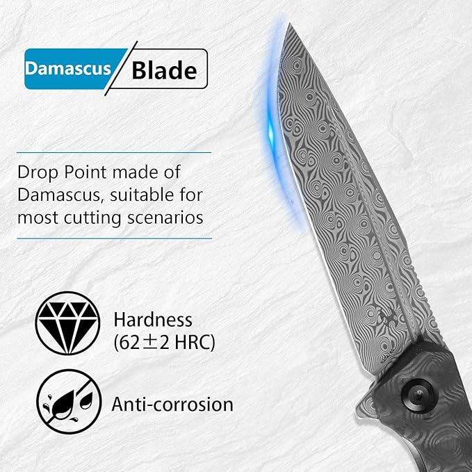 KANSEPT Qilin Pocket Knife3.24'' Damascus Sharp Blade Black Rose Carbon Fiber Handle for Edc Flipper and Liner Lock with Double-Sided Clip Men Camping Survival Folding Knives K1047A2