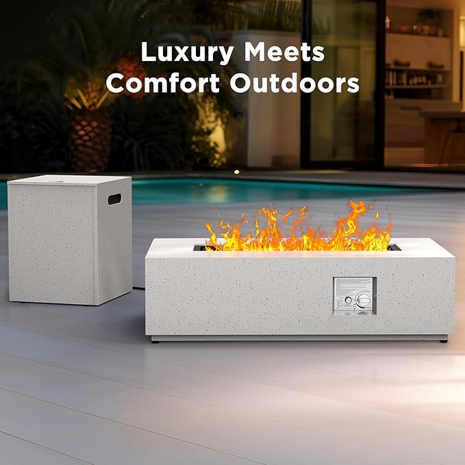 Silonn 43Inch Propane Fire Pit 50000 BTU Outdoor Gas Fire Pit Table with CSA Certification Glass Rocks Rectangular Heater for Patio Backyard Deck Balcony with Waterproof Cover &amp Adjustable