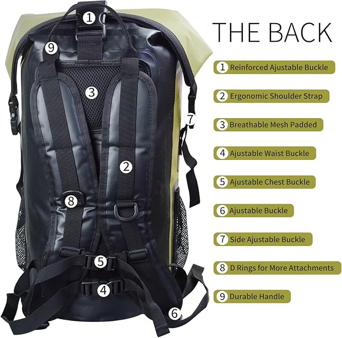 SEPEAK 35L Waterproof Dry Bag Backpack IPX6 Roll-Top Closure Bag Boating &amp Kayak Accessories - Essentials for Camping Swimming Beach Fishing Rafting TravelGreen