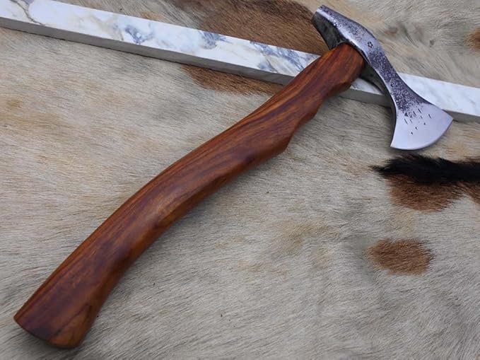 Damascus Depot Camper Axe 14 Inches Long Hand Forged Carbon Steel with Rose Wood Round Handle Bearded Hiking Battle Axe Thick Cow Hide Leather Sheath