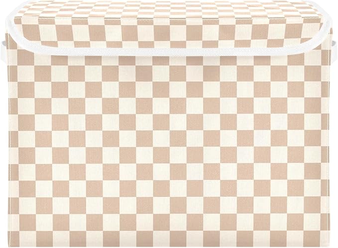 Brown Checkerboard Storage Baskets Lidded Bin Foldable Storage Boxes Cubes Lids with 2 Handles for Organizing Closet Home Office
