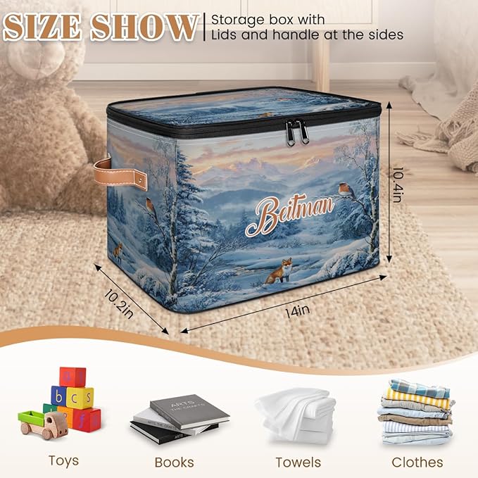 Storage-Bins with Lids Handle Customized Stackable-Storage-Bin for Kids-Boys-Girls-Toys Cube Collapsibl Basket Snowfield Fox