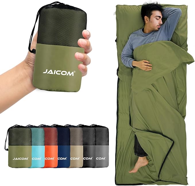 JAICOM Sleeping Bag Liner Travel Sheets &amp Adult Sleep Sack Ultralight and Portable Summer Sleeping Bag - Ideal for Backpacking Hotels and Hostels Business Trips Camping