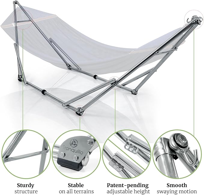 Tranquillo Double Hammock with Stand 650lb Capacity Double Hammock with Spreader Bar Solid Grade 201 Stainless Steel 30s Set Up Sturdy Flexible Hammock Stand Portable Outdoor Indoor Aegean