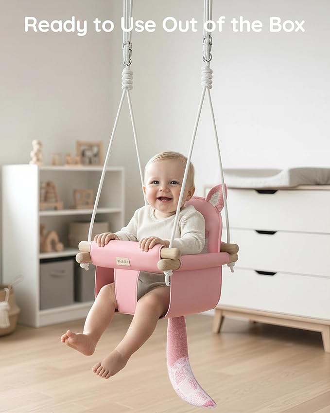 Wooden Baby Swing with Safety Belt - Adjustable Infant &amp Toddler Swings for Indoor/Outdoor Use Includes Mounting Hardware (Fox Design Pink)