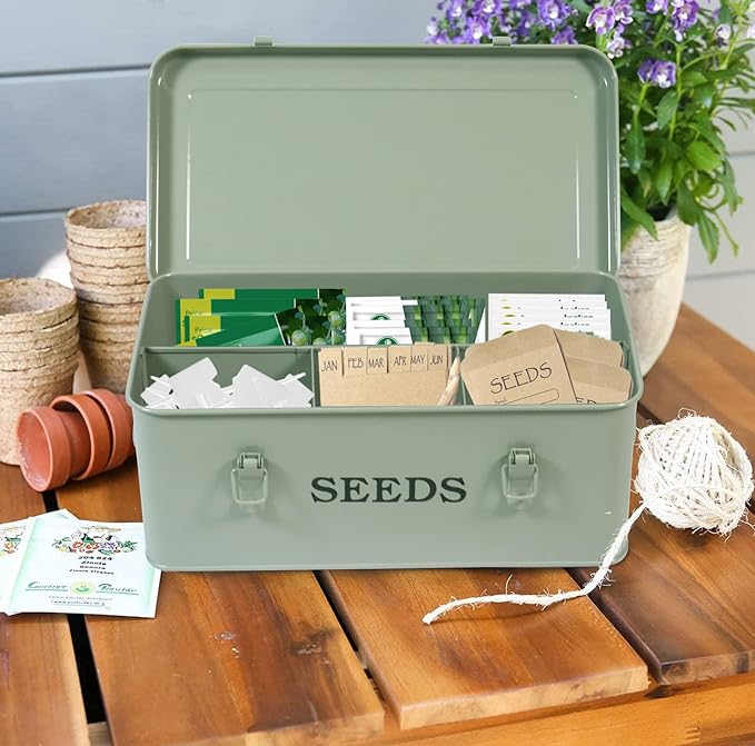 Seed Saving Box Metal Seed Bin Seed Storage Organizer Box Seed Packet Container with Lid Seed Envelope Storage Box 4 Compartments Garden Seed Bin with Safety Locks-Green