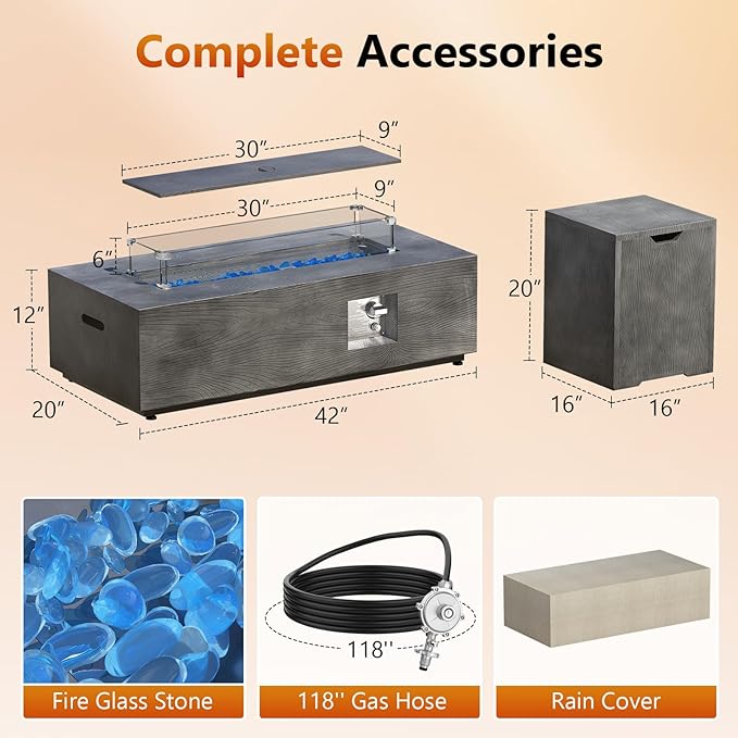 2-Piece 42 Rectangular Propane Fire Pit for Outside Patio with Hidden Tank Table 50000 BTU Fireplaces with Glass Wind Guard Lid Glass Rocks Cover(Grey Wood Grain)