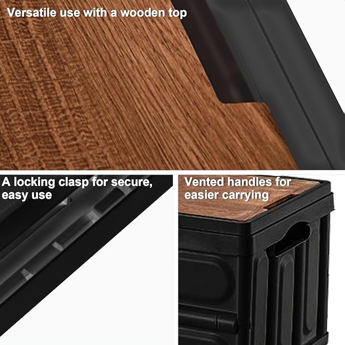 CTESNE【3-in-1 Wooden Lid 32L Storage Bins with Lids and HandlePortable Foldable Storage Box Plastic Stackable Storage Bins for Camp Car RV Office (Black)