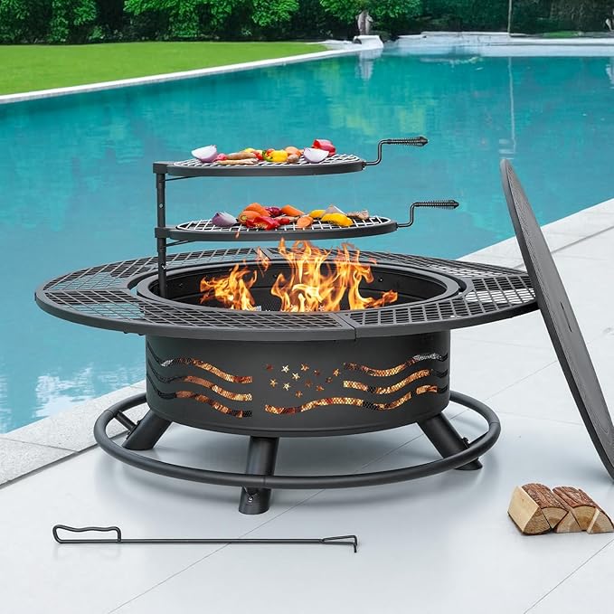 Panovue 47 Inch Fire Pit with 2 Cooking Grates Outdoor Wood Burning BBQ Grill Firepit Bowl with Cover Lid Steel Round Table for Backyard Bonfire Patio Picnic (Black 47IN)