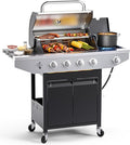 EUHOME 4-Burner Propane Gas BBQ Grill with Side Burner 46500 BTU Output Stainless Steel Barbecue Grill with Enameled Cast Iron Grates and Side Tables for Outdoor Cooking Kitchen and Patio Backyard