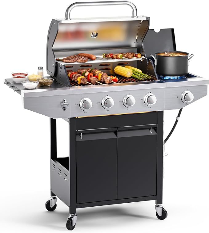 EUHOME 4-Burner Propane Gas BBQ Grill with Side Burner 46500 BTU Output Stainless Steel Barbecue Grill with Enameled Cast Iron Grates and Side Tables for Outdoor Cooking Kitchen and Patio Backyard