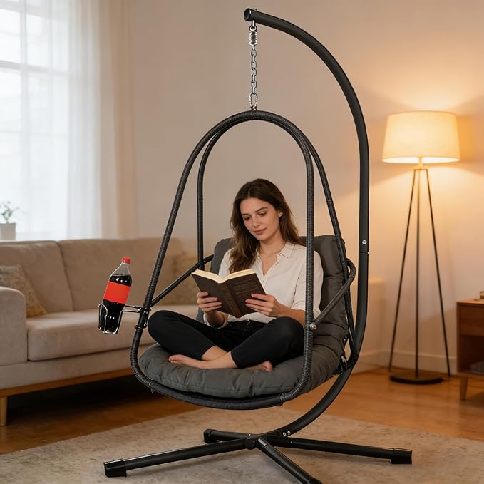 JESE Swing Egg Chair with Stand - UV Resistant &amp Waterproof Cushion Included with Cup Holder - Indoor/Outdoor Hanging Hammock Chair Suitable for Patio Bedroom Balcony Garden (Black)