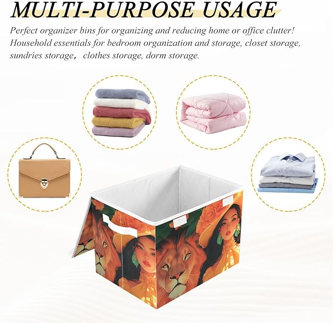 Storage Cube with Lid Lion and Lady Print 16.5×12.6×11.8 IN Collapsible Large Capacity Foldable Storage Basket Bin Organizer