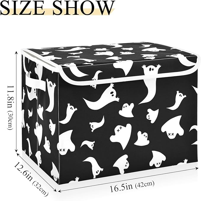 Halloween Ghost Lidded Home Storage Bins Closet Storage Bins Foldable Oxford Fabric Storage Box for Home Bedroom Closet Office (16.5x12.6x11.8 in)