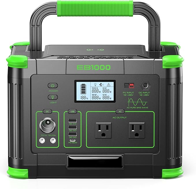 Portable Power Station 1000W (Peak 2000W) 999Wh Solar Generator with 110V Pure Sine Wave AC Outlet 60W USB-C PD 10 Ports for Camping RV Van Home Backup Emergency Off-Grid Living