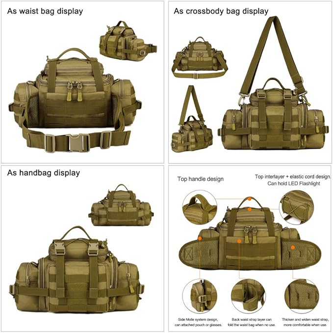 Huntvp Tactical Assault Gear Sling Pack Hiking Waist Fanny Pack Bag Shoulder Backpack EDC Camera Bag MOLLE Utility Carry Bag Heavy Duty with Shoulder Strap