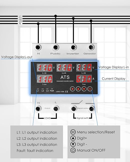 Automatic Transfer Switch for Generator Inverter 110V 63A Adjustable Voltage Protector with LED Display Overcurrent Overvoltage and Undervoltage Protections