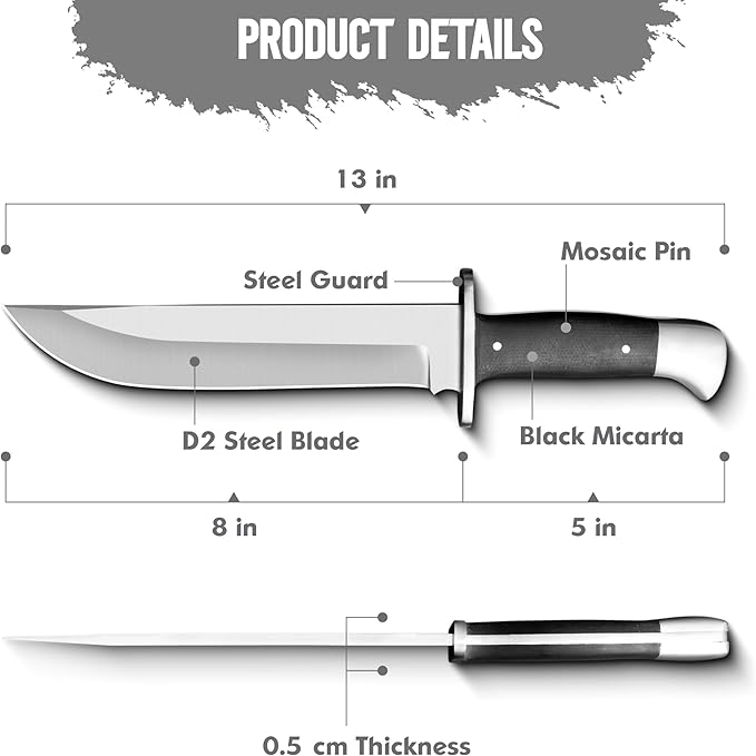 D2 13 Inch Full Tang Fixed Blade Bowie Knife with Leather Sheath - Suitable for Outdoor Bushcraft Survival and Camping Knife with Black Micarta Handle