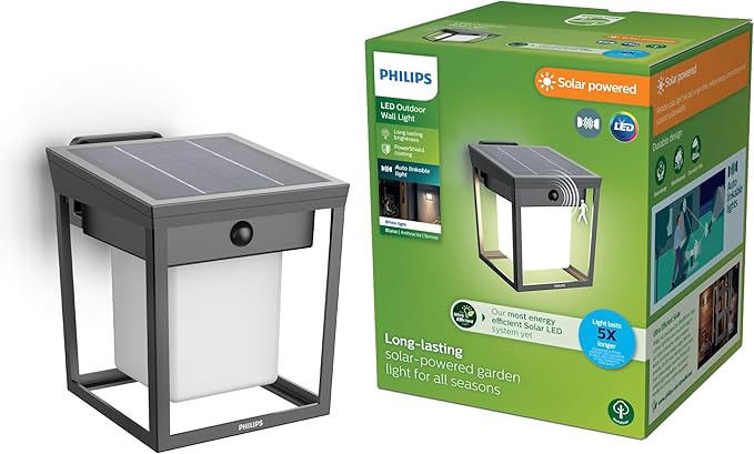 Philips Solar LED 1-Pack Ultra-Efficient Wall Lantern - Blaise Dusk to Dawn Automatically Linkable Daylight and Motion Sensor 3000K Bright White Light IP44 Anthracite