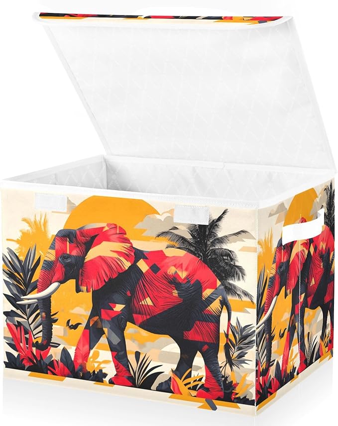 AIXIWAWA Lidded Storage Cube (Art Elephant) Fabric Foldable Closet Bins with Flip Lid and Handles Organizer Basket Container 16.5 x 12.6 x 11.8 IN