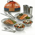 Unique Complete Messware Kit Polished Stainless Steel Dishes Set| Tableware| Dinnerware| Camping| Includes - Cups | Plates| Bowls| Cutlery| Comes in Mesh Bags