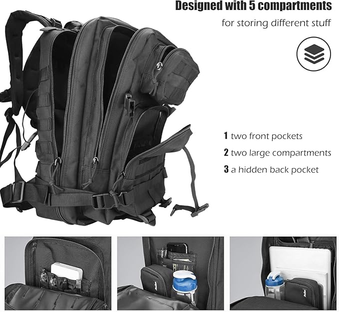 ProCase Military Tactical Backpack 35L Large Capacity Rucksacks 2 Day Army Assault Pack Go Bag for Hunting Trekking Camping and Other Outdoor Activities -Black
