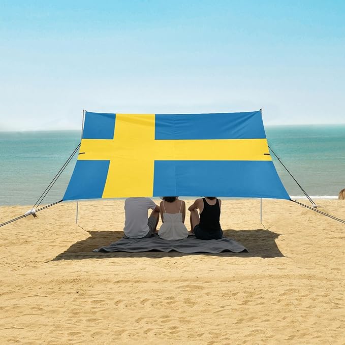 Sweden Flag Beach Tent UPF50 Waterproof Shade Sun Shelter with Sandbags &amp Sand Shovel for Backyard and Camping