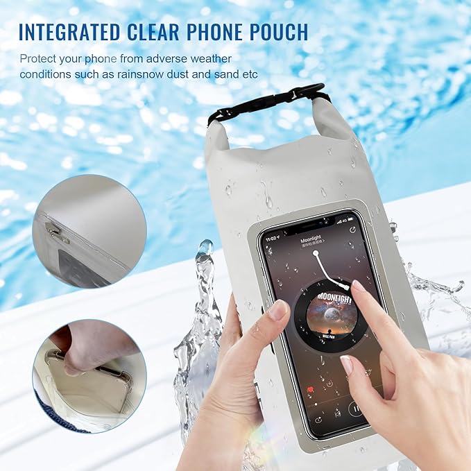 Waterproof Dry BagRoll Top Waterproof Backpack Phone Case Pouch for TravelKayakingRaftingCampingSurfingBoatingHikingBeach and Fishing (2 L White+Black)
