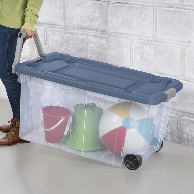 2 Pieces160 Quarts of Wheeled Storage Boxes Super Large Durable Transparent Boxes with Lock Covers and Handles Suitable for Moving Garage and Tool Room Storage (Blue and Clear)