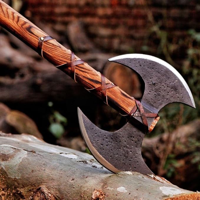 QC® Double Headed Carbon Steel Viking Bearded Axe with Wooden Handle - Scandinavian Style Axe Norse Axe Seax (DHA2)