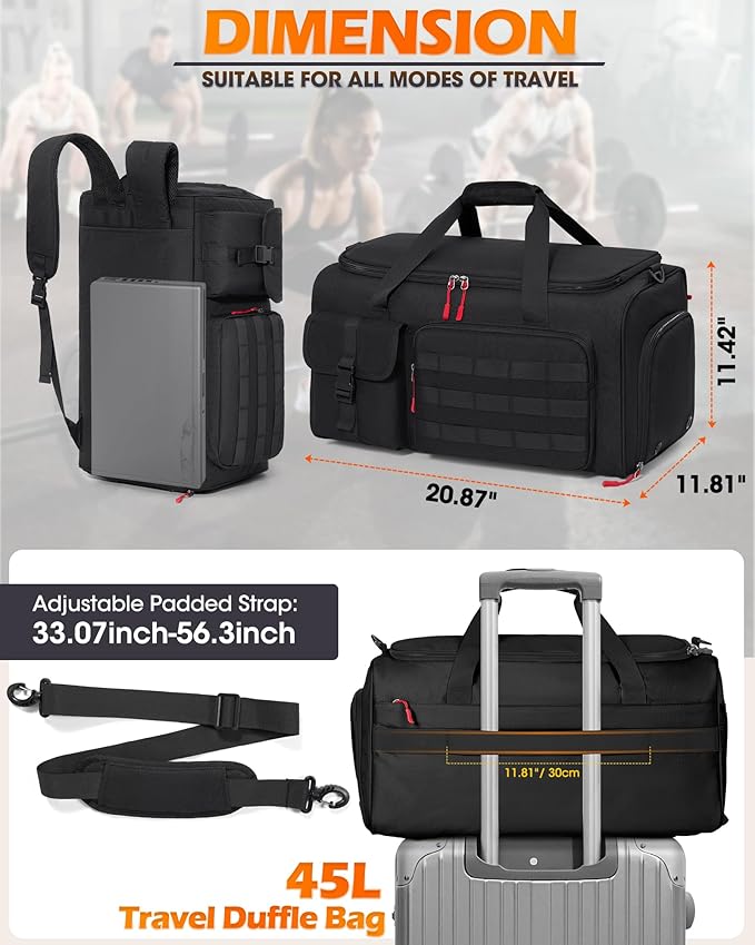 RAINSMORE Gym Bag for Men 45L Sports Travel Duffel Bag with Shoe &amp Laptop Compartment Gym Workout Backpack Carry On Weekender Bag Overnight Backpack for Travel Black