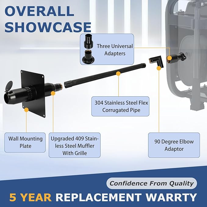 2025 Upgrade Generator Exhaust Extension Silencer Kit with Three Universal AdaptersThreaded ConnectorRain Cap and 90° Elbow–Leakproof Weatherproof &amp Flexible Muffler Upgrade for Portable Genera