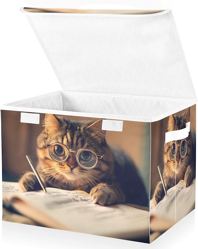 AIXIWAWA Lidded Storage Cube (Cat Reading) Fabric Foldable Closet Bins with Flip Lid and Handles Organizer Basket Container 16.5 x 12.6 x 11.8 IN