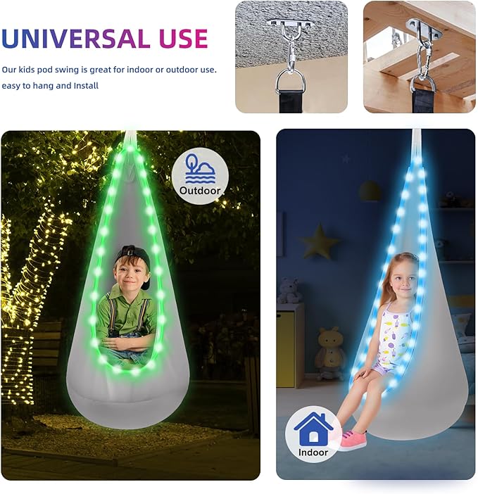 Light Up Swing Chair Hammock Chair Indoor Outdoor for Kids Pod with LED Lights Soft and Safe 176 lb. Load Capacity Easy Installation Perfect for Bedroom Garden and Playroom (Gray)