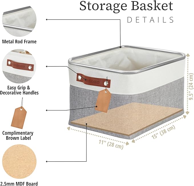 DECOMOMO Storage Baskets for Shelves - Fabric Storage Bins Linen Closet Organizers and Storage (Grey &amp White Large - 3 Pack)