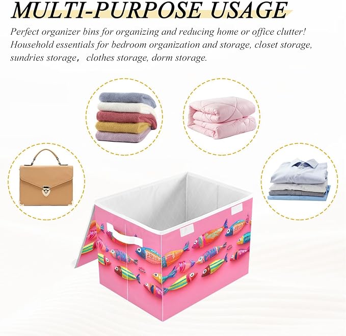 AIXIWAWA Lidded Storage Cube (Cute Fishes) Fabric Foldable Closet Bins with Flip Lid and Handles Organizer Basket Container 16.5 x 12.6 x 11.8 IN