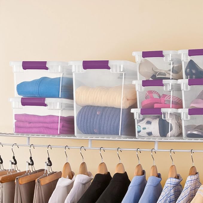 Sterilite 27 Qt ClearView Latch Storage Box Stackable Bin with Latching Lid Plastic Container to Organize Clothes in Closet Clear Base Lid 12-Pack