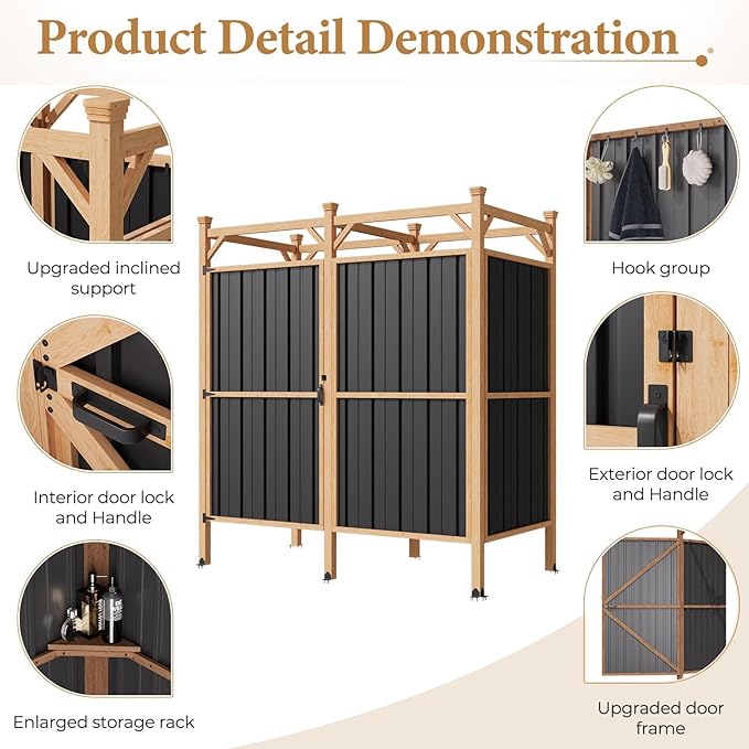 EROMMY Outdoor Shower Enclosure with Lockable Door Weatherproof Outdoor Shower Stall with Metal Panels Hooks &amp Shelves - Perfect for Pool Wash Station Backyard &amp Beach Rinse Area Large Vers