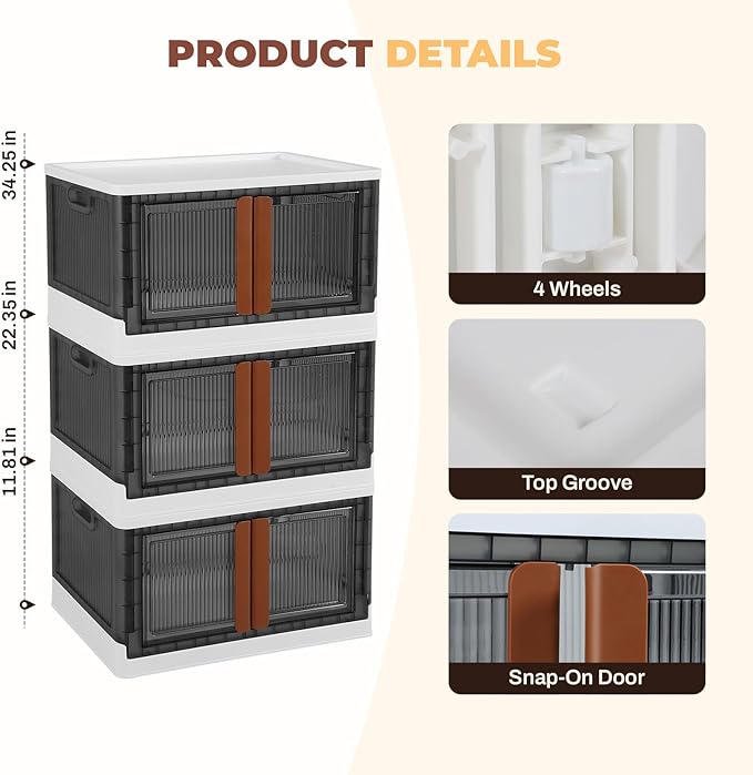 3 Pack 8.4 Gallon Collapsible Storage Boxes Lidded Storage Box with Door and Wheels for Books Towels and Clothes Folding Storage Box for Home White