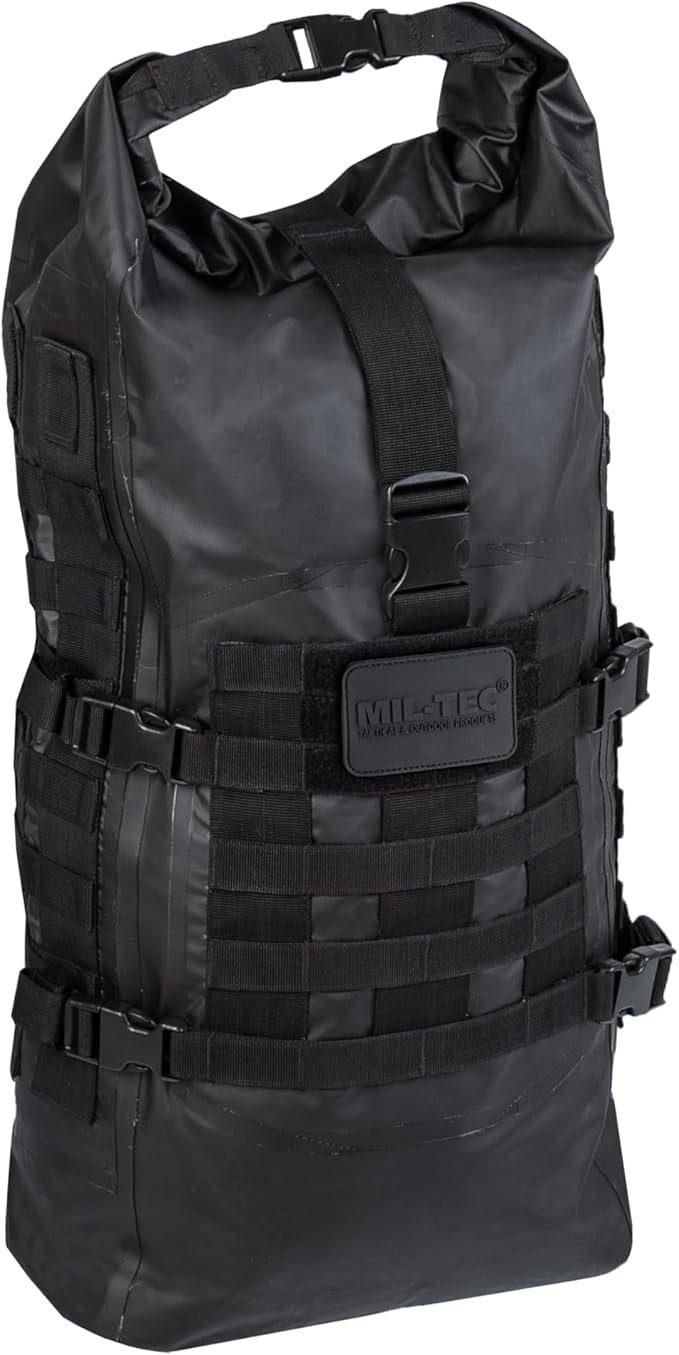 Mil-Tec Unisex 30L Tactical Seals Dry Bag - Secure Rugged Durable Waterproof Outdoor Kayaking Boating Camping Hiking MOLLE Backpack with Adjustable Wide Shoulder Straps &amp Padded Back Black