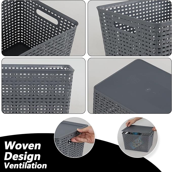 6 Pack Plastic Storage Bins with Lids Stackable Storage Baskets with Handles Large Organizer Bins for Desk Shelves Office Plastic Container Bins for Pantry Organizers and Storage Grey