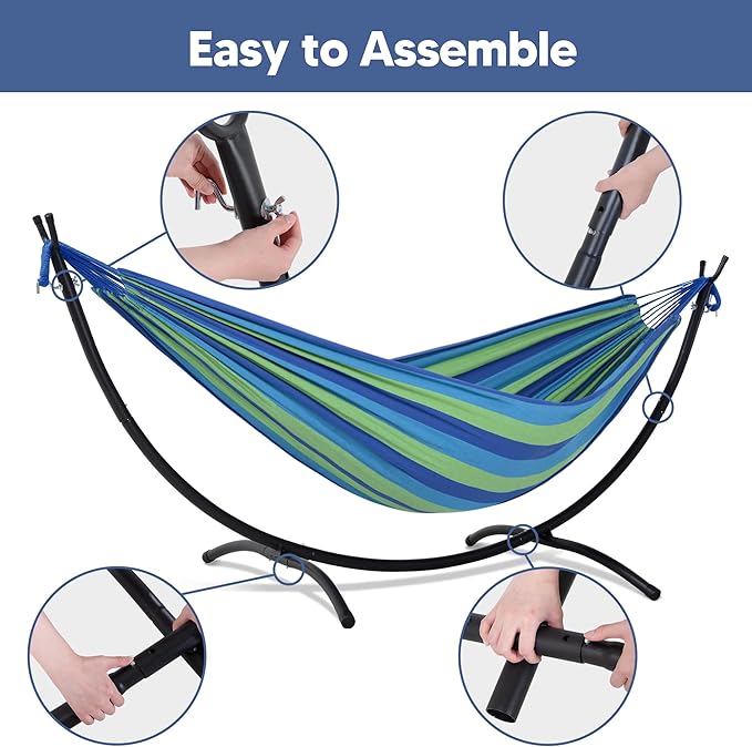 SUNCREAT Portable Outdoor Hammock with Stand Included Double Hammock with Stand for Outside Blue &amp Green Stripes