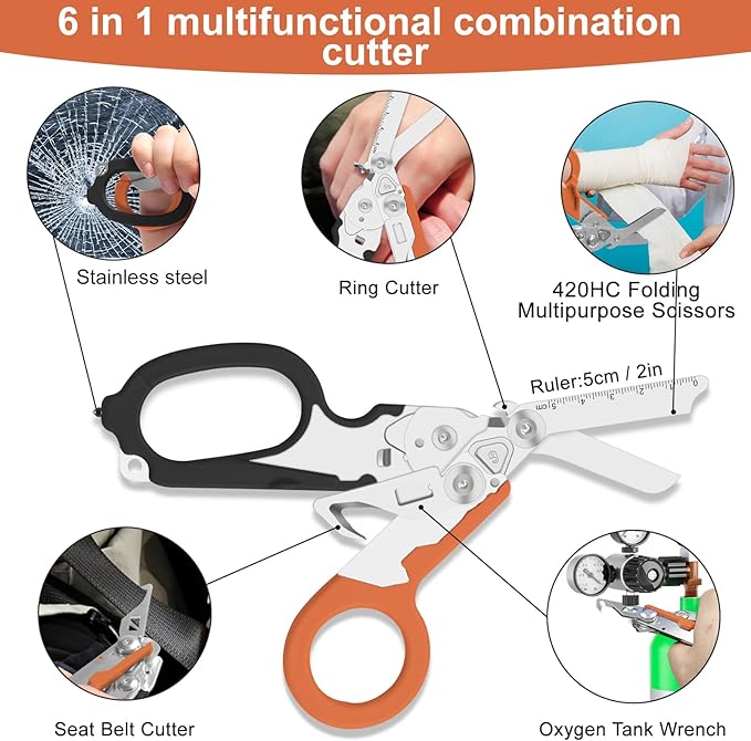 Lemasa6 in 1 6 in 1 trauma shears Folding Retractable Emergency Shears Outdoor Camping Tools Seat Belt Cutter Oxygen Cylinder Wrench Complimentary Adjustable Wrench (Black Orange)