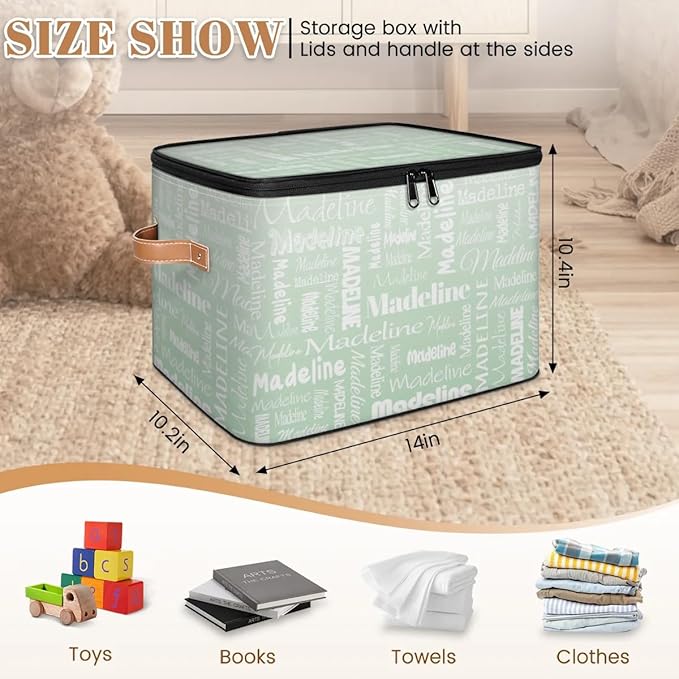 Custom Storage Basket with Name Personalized Keepsake Box with Zipper Lid Foldable Fabric Memory Bin Large capacity with Handle Green