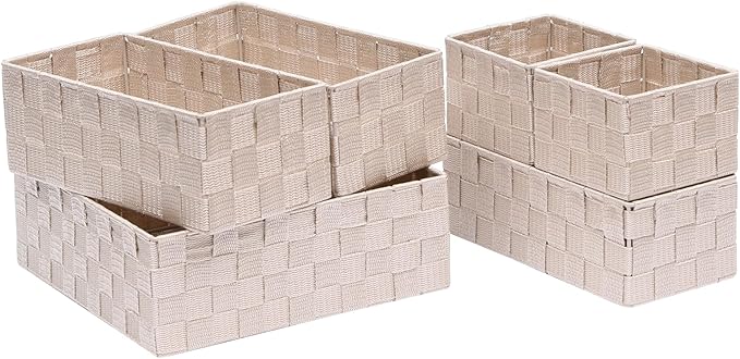 Storage Bins Woven Organizer Set of 6 – Polypropylene Storage Baskets with Metal Frame Stackable Fabric Boxes for Drawers Closet Shelf Nursery and Office Beige
