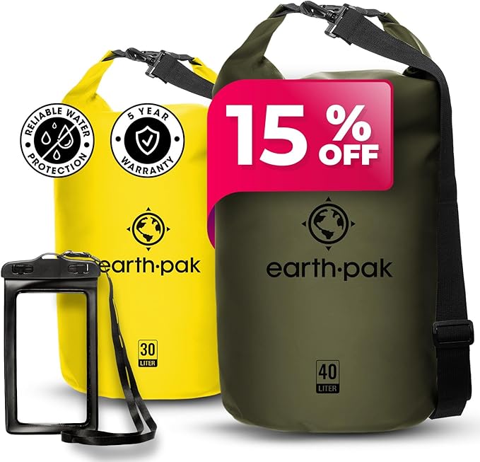 Earth Pak Waterproof Dry Bag - Roll Top Waterproof Backpack Sack (Green 40L &amp Yellow 30L)