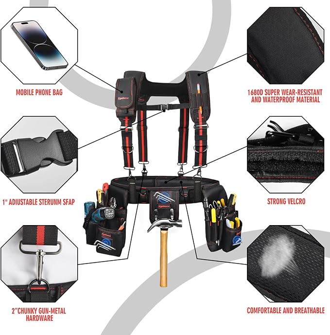 Heavy Duty Tool Belt with Padded Suspenders – Adjustable Construction Tool Rig with Multi-Pouch System – Framing &amp Electrician Waist Belt for Men（Adjustable one sizeZ)
