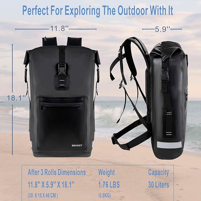 Vogano Waterproof Backpack Waterproof Bag Dry Bags 30L Roll Top Closure Travel Bags For Kayaking Camping Boating Hiking Beach (Black)