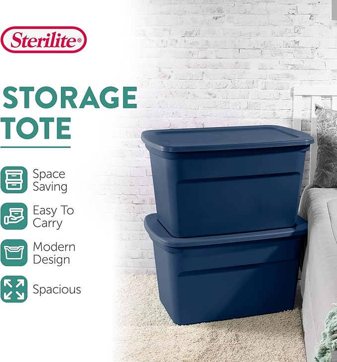 Sterilite 24-Pack Tote Plastic Storage Bins with Snap Lids 30 Gallon Marine Blue - Stackable Home Organizers with In-Molded Handles for Bedroom Garage Basement and Attic
