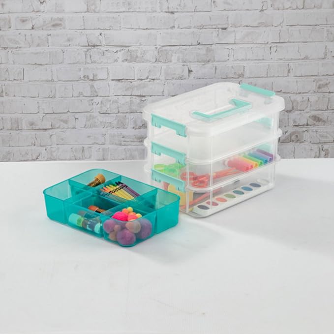 Sterilite 18 Pack Plastic Storage Box Container 3 Layer Stack and Carry Clear/Blue